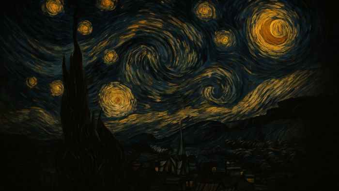 A swirling starry night sky over a quiet town